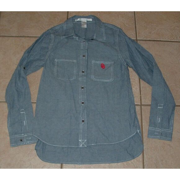 CHICKA-D Blue Chambray Sz Small OU OLKLAHOMA SOONERS High Low Button Up Shirt - Picture 1 of 3